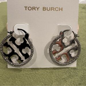 Tory Burch Silver & Crystal Logo Hoop Earrings